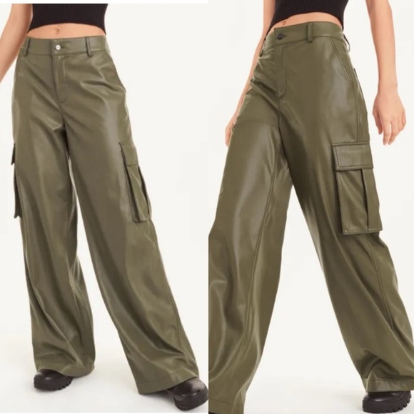 Dkny Pants - DKNY | Faux Leather Cargo Pants In Olive Size; small